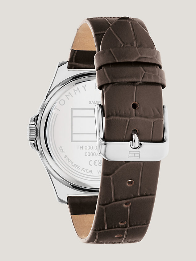 silver horloge met bruine leren krokoband voor heren - tommy hilfiger
