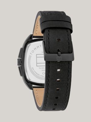 Ionenplattierte Uhr mit schwarzem Lederarmband | Schwarz | Tommy 