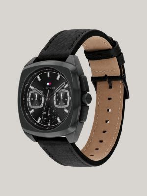 Ionenplattierte Uhr mit schwarzem Lederarmband | Schwarz | Tommy 