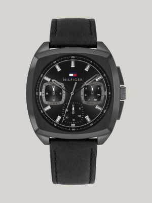 reloj cuadrado con correa de piel negra black de hombres tommy hilfiger