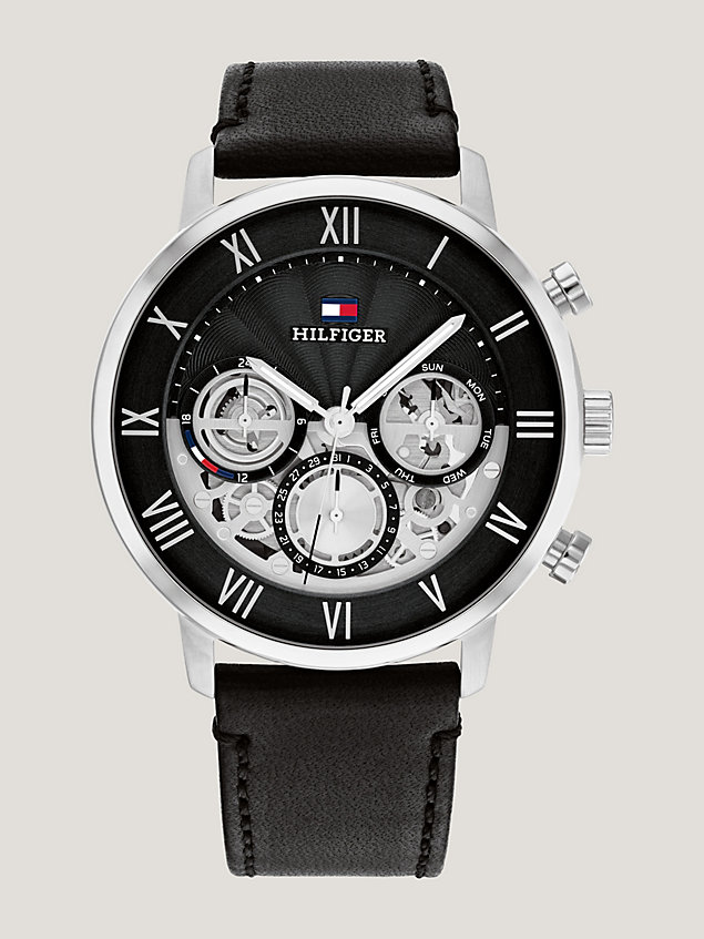 black stainless steel leather strap dress watch for men tommy hilfiger