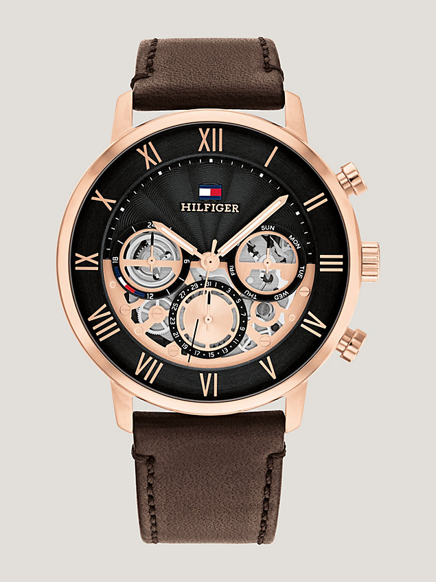 brown rose gold-plated leather strap dress watch for men tommy hilfiger
