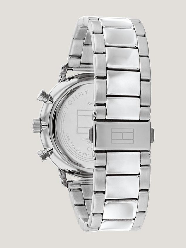 silver stalowy zegarek z widocznym mechanizmem dla mężczyźni - tommy hilfiger