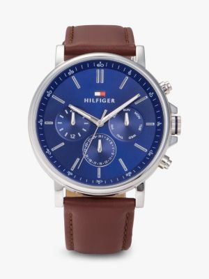 silver navy dial brown leather strap watch for men tommy hilfiger
