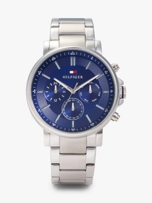 silver blue dial stainless steel chain-link strap watch for men tommy hilfiger