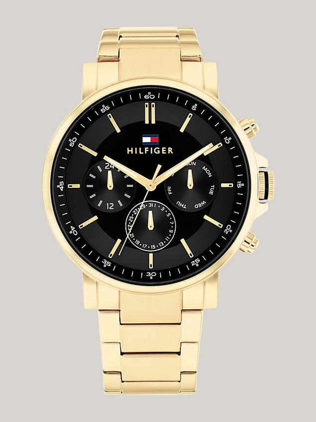 gold zegarek z czarną tarczą i bransoletą z ogniw dla mężczyźni - tommy hilfiger