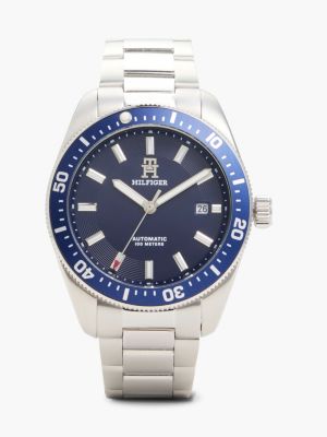 silver th monogram blue dial watch for men tommy hilfiger