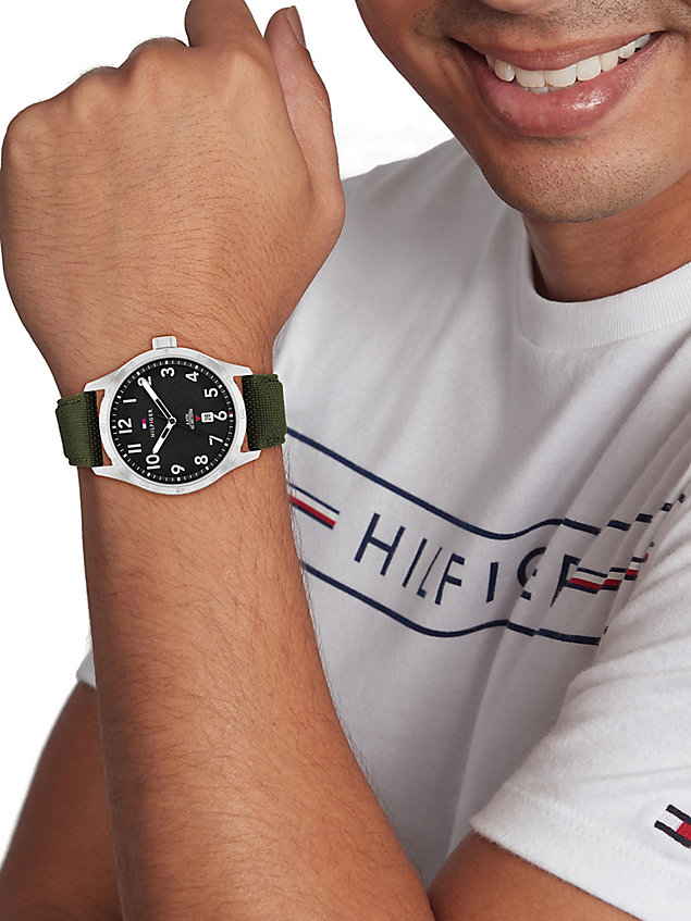 green stainless steel cordura® strap watch for men tommy hilfiger
