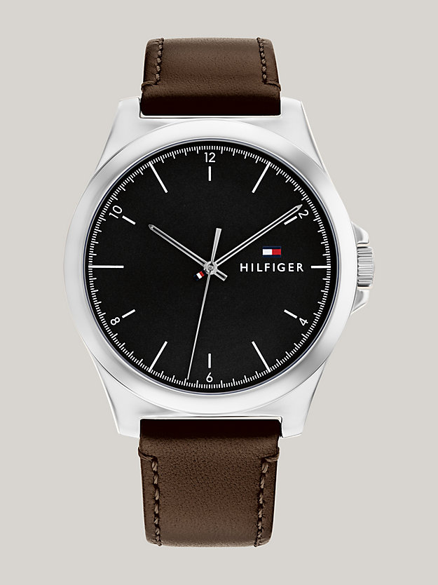 silver black dial brown leather strap watch for men tommy hilfiger