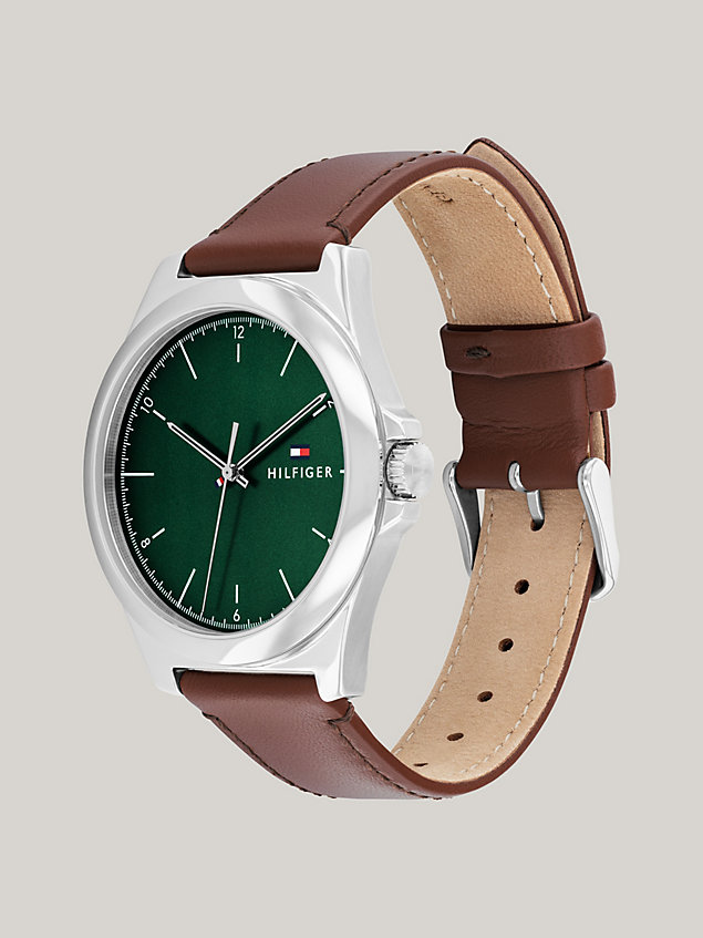 silver zegarek z zieloną tarczą i brązowym paskiem dla mężczyźni - tommy hilfiger
