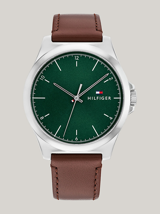 silver zegarek z zieloną tarczą i brązowym paskiem dla mężczyźni - tommy hilfiger