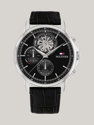 reloj con correa de piel y esfera negra black de hombres tommy hilfiger