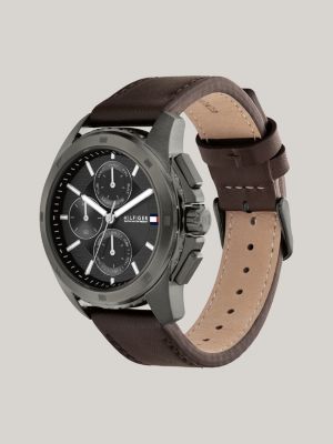 montre à cadran et sous-cadrans gris bracelet cuir marron pour hommes tommy hilfiger