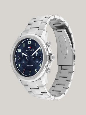 Navy Dial Dual Time Stainless Steel Watch Silver Tommy Hilfiger