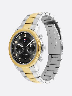 multi black dial dual time two-tone watch for men tommy hilfiger