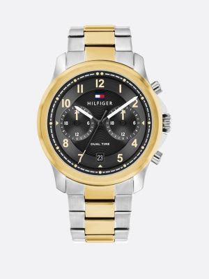 multi black dial dual time two-tone watch for men tommy hilfiger