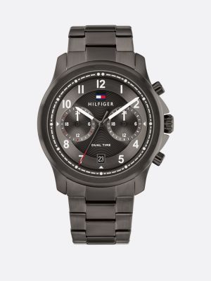 grey gunmetal grey dial dual time watch for men tommy hilfiger