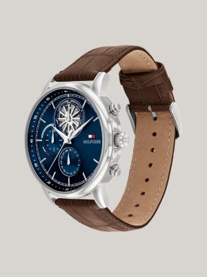 bruin donkerblauw horloge met bruine leren band voor heren - tommy hilfiger