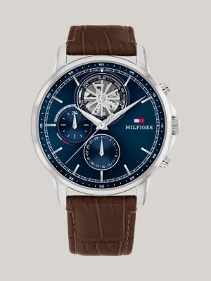 reloj con correa de piel y esfera azul marino brown de hombres tommy hilfiger