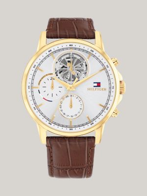 reloj con correa de piel y subesferas gold de hombres tommy hilfiger