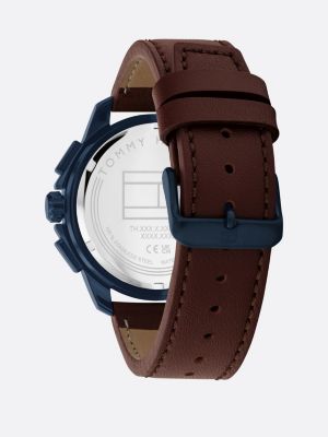 reloj ionizado con correa de piel marrón blue de hombres tommy hilfiger