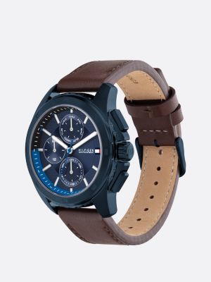 blue navy ionic-plated brown leather strap watch for men tommy hilfiger