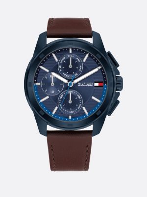 blue navy ionic-plated brown leather strap watch for men tommy hilfiger