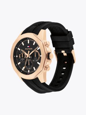 black rose gold-plated silicone strap watch for men tommy hilfiger