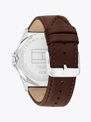 brown brown leather strap stainless steel watch for men tommy hilfiger