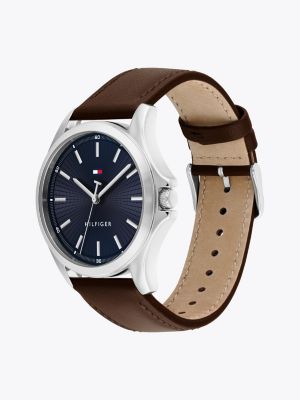 brown brown leather strap stainless steel watch for men tommy hilfiger