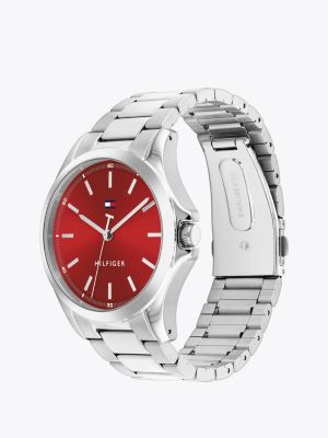 silver red dial stainless steel watch for men tommy hilfiger