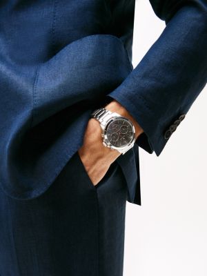 silver grey skeleton dial sub-counter watch for men tommy hilfiger