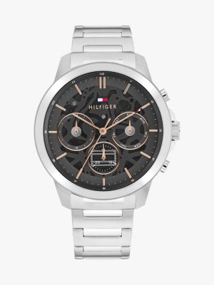 silver grey skeleton dial sub-counter watch for men tommy hilfiger