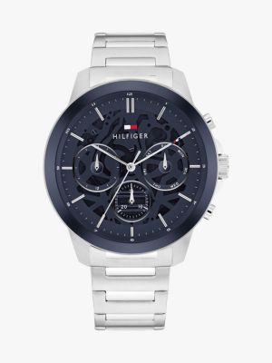 silver navy skeleton dial sub-counter watch for men tommy hilfiger