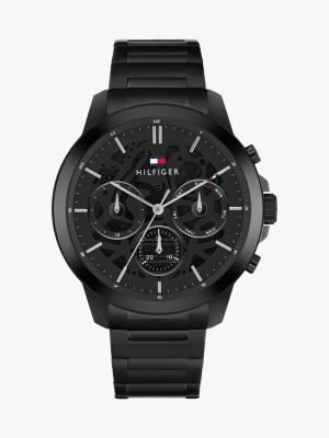 black zwart horloge met skeleton-wijzerplaat voor heren - tommy hilfiger