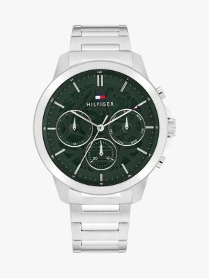 montre à cadran vert avec mécanisme apparent argent pour hommes tommy hilfiger