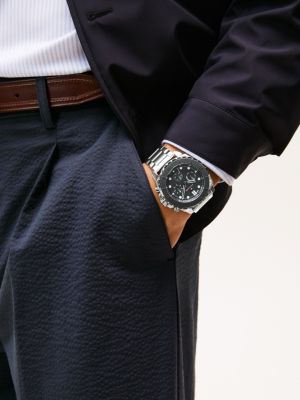 silver grey silicone bezel chain-link watch for men tommy hilfiger