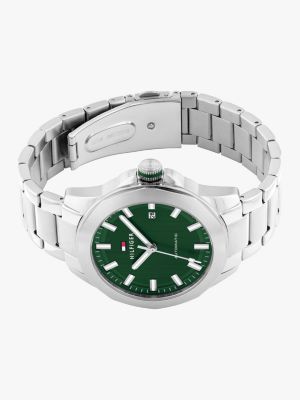 silver green dial stainless steel chain-link watch for men tommy hilfiger