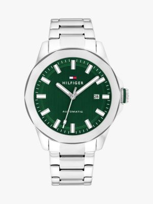 silver green dial stainless steel chain-link watch for men tommy hilfiger