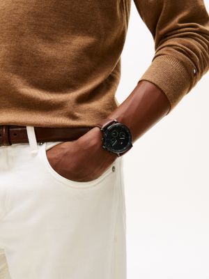 braun schwarze uhr mit braunem lederarmband für herren - tommy hilfiger