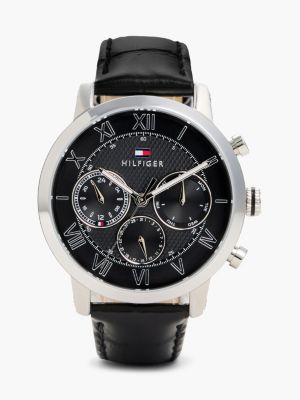 black armbanduhr mit schwarzem lederarmband für herren - tommy hilfiger