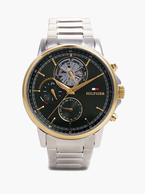 Green Dial Two-Tone Chronograph Chain-Link Watch — Silver
