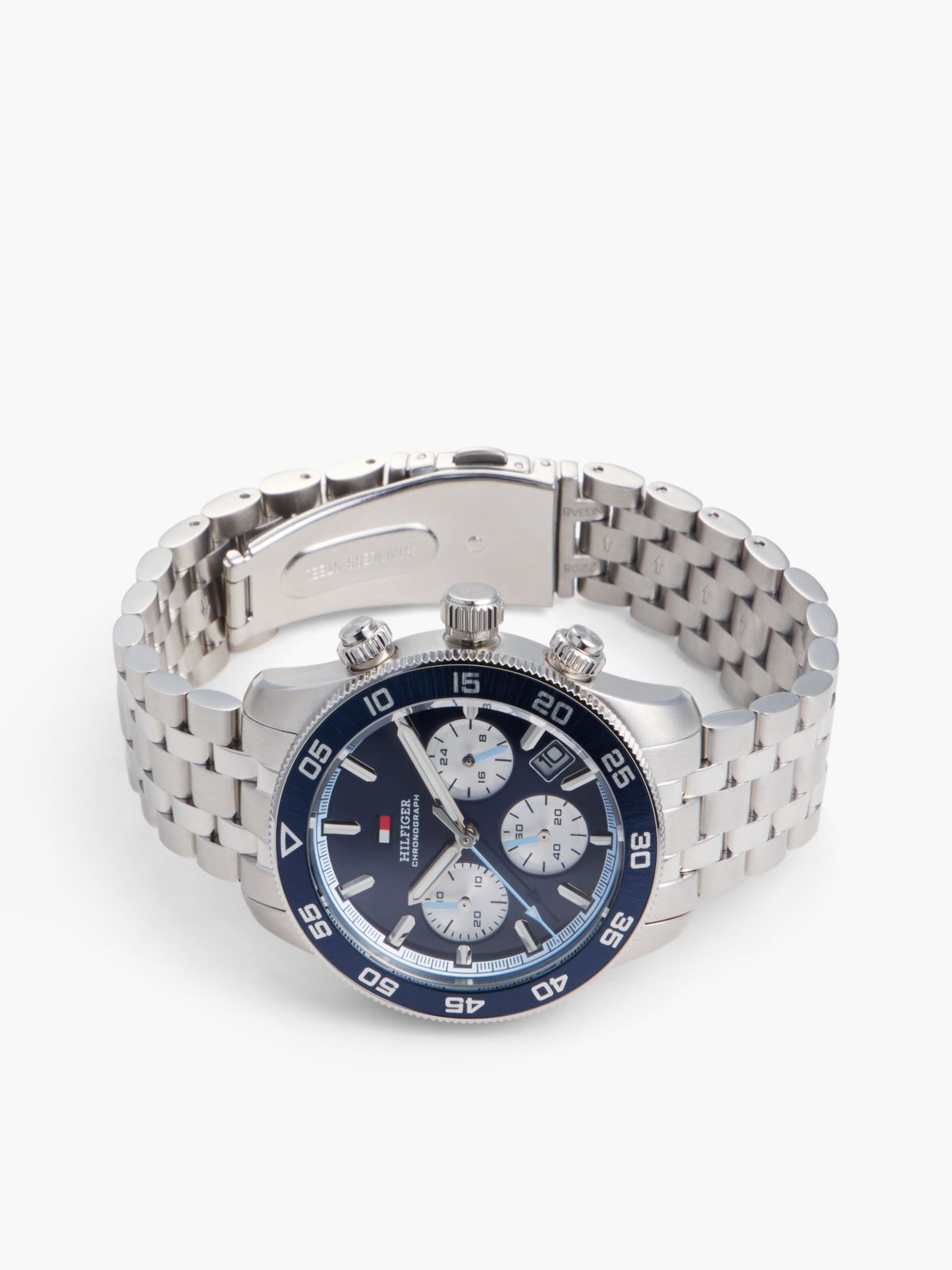 Blue Dial Stainless Steel Chronograph Watch — Silver