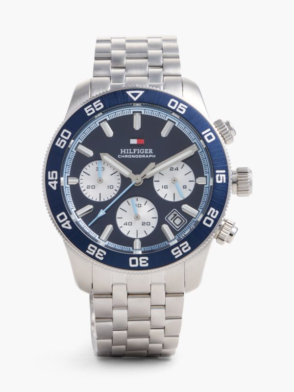 Blue Dial Stainless Steel Chronograph Watch — Silver