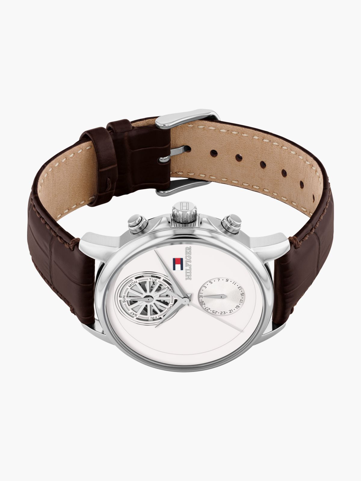 Brown Croco-Print Leather Skeleton Sub-Counter Watch — Brown