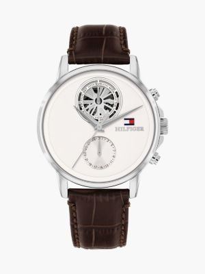 brown brown croco-print leather skeleton sub-counter watch for men tommy hilfiger