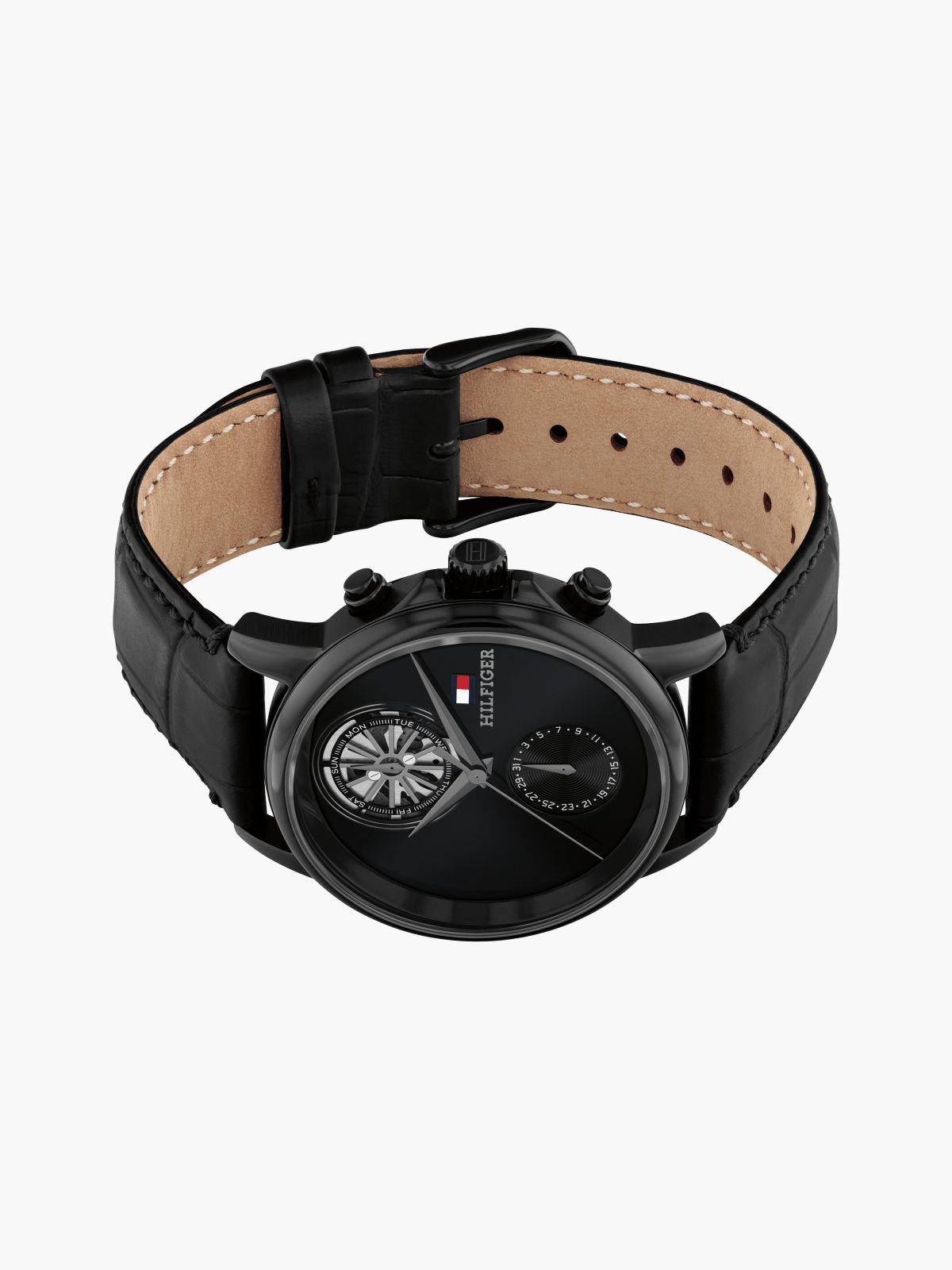 Black Croco-Print Leather Skeleton Sub-Counter Watch — Black