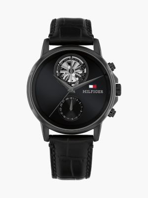 black black croco-print leather skeleton sub-counter watch for men tommy hilfiger