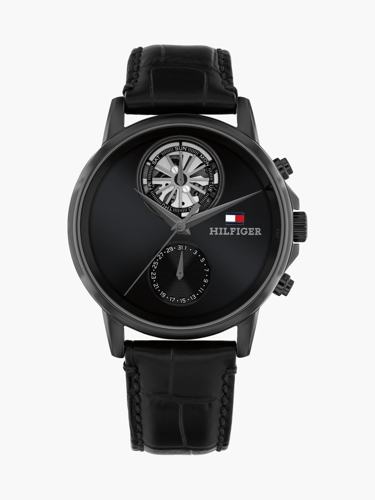 Black Croco-Print Leather Skeleton Sub-Counter Watch — Black