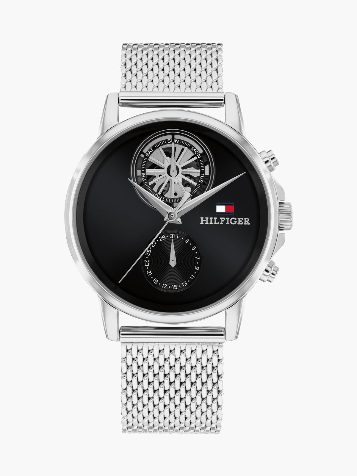 Mesh Strap Black Skeleton Sub-Counter Watch — Silver